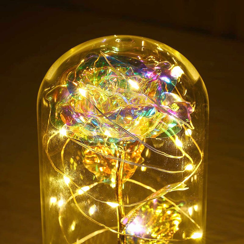 Artificial Eternal Rose LED Light Beauty The Beast Rose Flower In Glass Dome Wooden Base For Decorate Valentine's Day