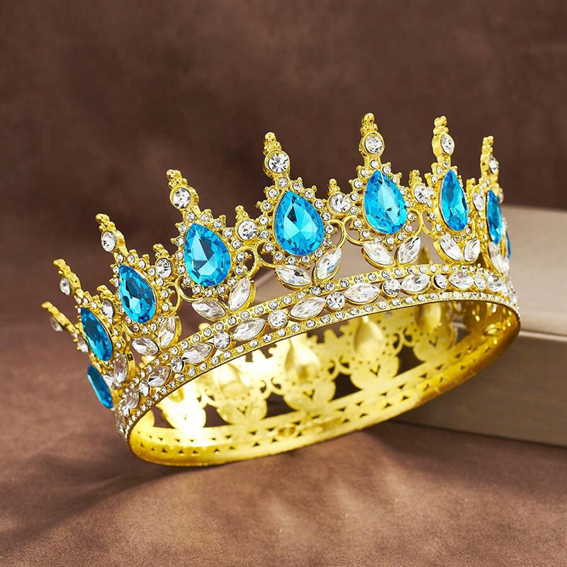 Luxury Color Baroque Queen Crown Colorful Sparkly Rhinestone Wedding Crown Bride Princess Full Round Tiaras Headband Headpieces: Light Yellow Color