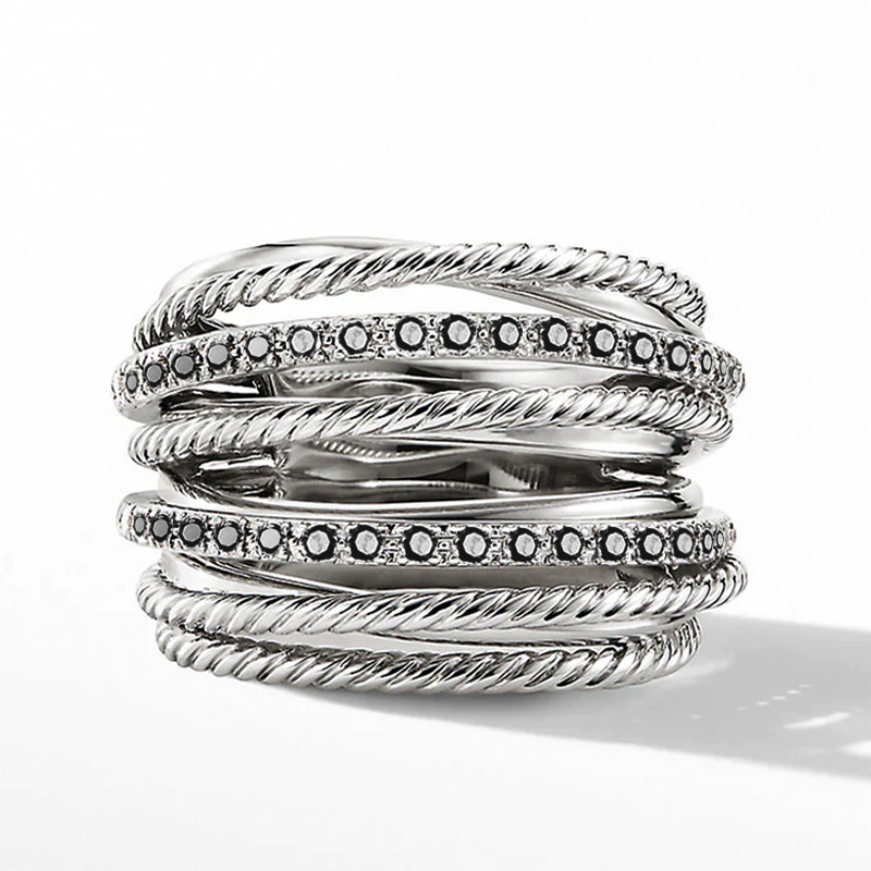 Huitan-anillos de fila múltiple para mujer, Color plateado, brillante, CZ, metálico, estilo OL, anillos de dedo versátiles para oficina, joyería de: 7 / Negro