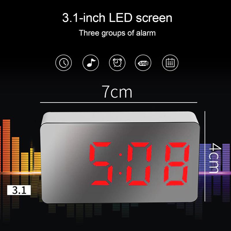 LED Mirror Digital MINI Alarm Clock Snooze Table Clock Wake Up Mute Calendar Dimmable Electronic Desktop Clocks Home Decoration