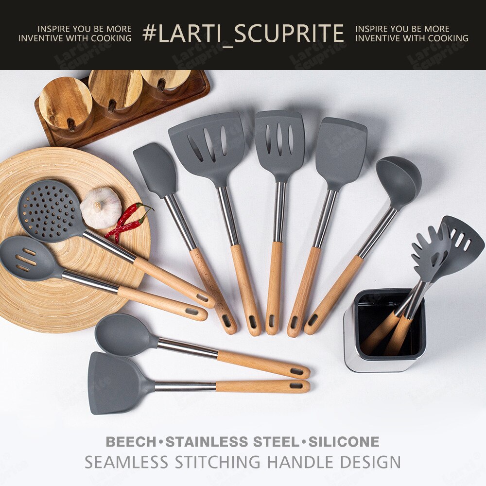 Kit d'ustensiles de cuisine en Silicone, ensemble d'outils de cuisine, accessoires allongés manche en bois massif, spatule cuillère Kit avec ustensiles de rangement