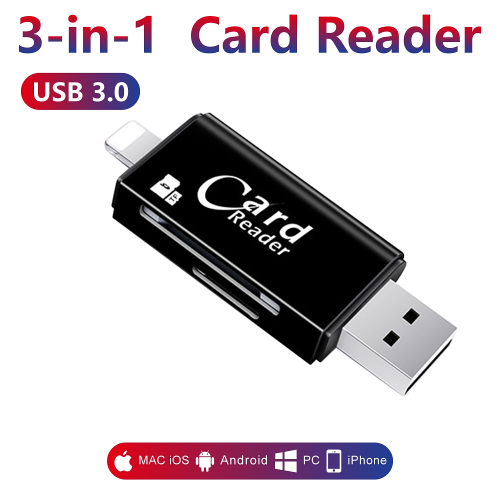 3 in 1 kortlæser sd tf kortlæser & micro sd kort adapter til computer iphone ipad android mac, mikro usb 3.0