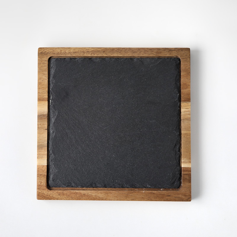 Muzity naturlig skiferplade rektangel bøf middagsplade med træbakke køkkenret: Firkantet med bakke
