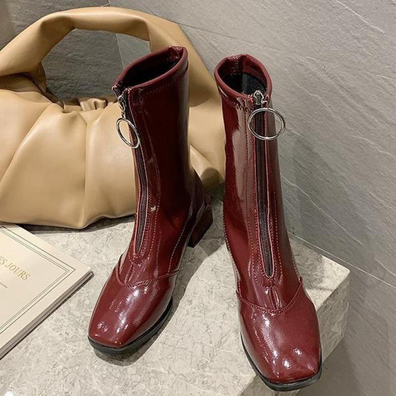 Ins dames enkellaarsjes outdoor laarzen dames enkellaarsjes metalen hak lakleer rits schoenen dames casual
