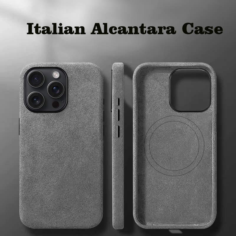 Italiaans Alcantara-hoesje voor iPhone 15 Pro Max Zacht lederen telefoon achterkant voor iPhone 15 Pro-magneten voor MagSafe grijs blauw: Microvezel / Beige