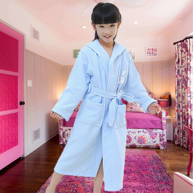 Children Hooded Bathrobe waffle Kids Boys Girls Cotton Lovely Robes Dressing Gown Kids Homewear Sleepwear with Belts summer