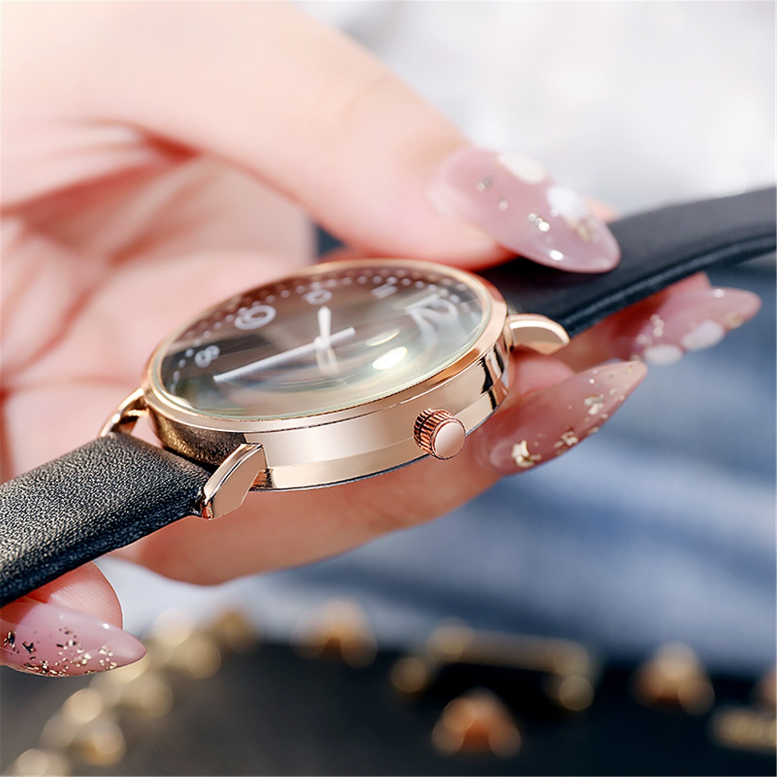Reloj de cuarzo para mujer, correa de cuero PU, esfera negra, reloj de pulsera analógico, reloj de pulsera para mujer, relojes Reloj de cristal zegarek damski