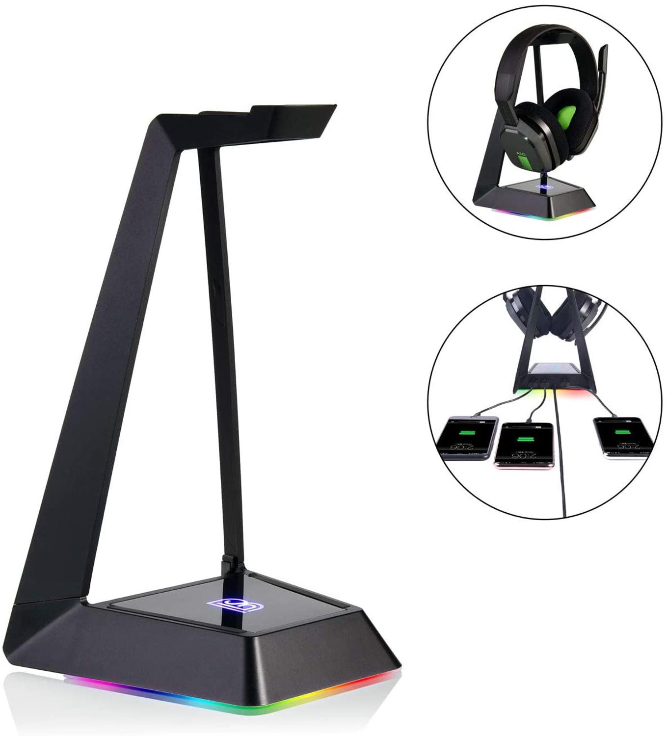 Bluesolids RGB Headphone Stand with 3 2.0 USB Hubs Holder Headset Hanger Rack for Desk Gaming Headset