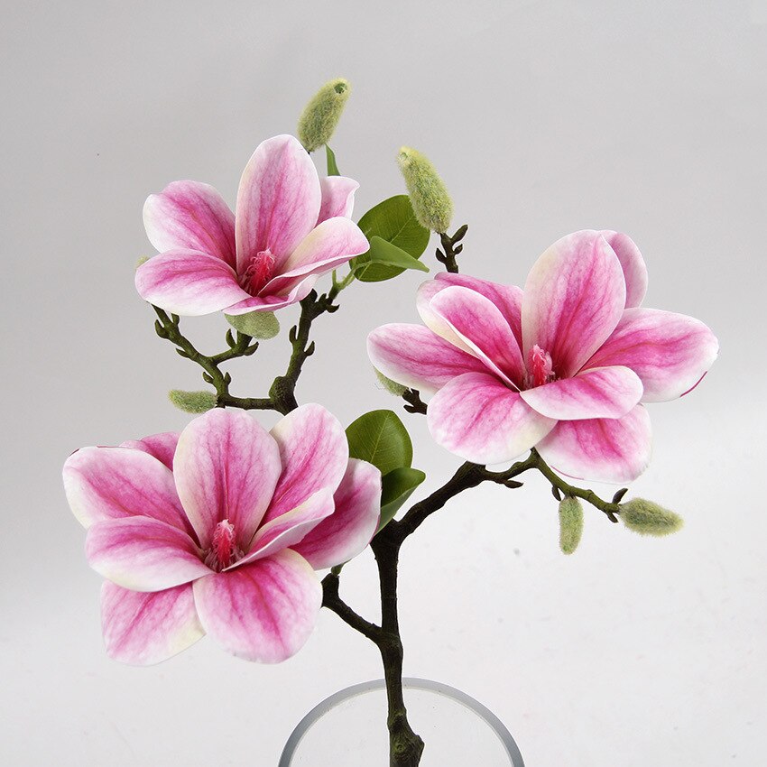 Rama de flor Magnolia abierta de 3 cabezas, flores artificiales para decoración blanca para boda, Decoración de mesa de habitación, flores artificiales: pink