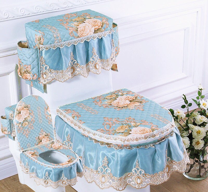 Fyjafon 3pcs Toilet Seat Cover Washable Embroidery Toilet Cover Tank Cover with storage bags Printed Lace Bathroom Toilet Cover: Pattern 2