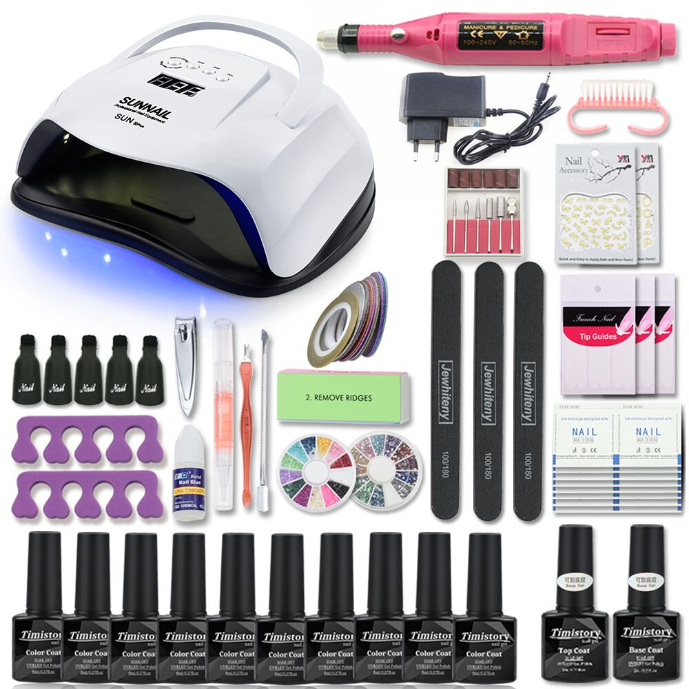 Manicure sæt til søm kit 80w uv lampe tørretumbler søm sæt med søm boremaskine 10 stk negle gel polish soak off manicure værktøjssæt: Sunx plus sæt