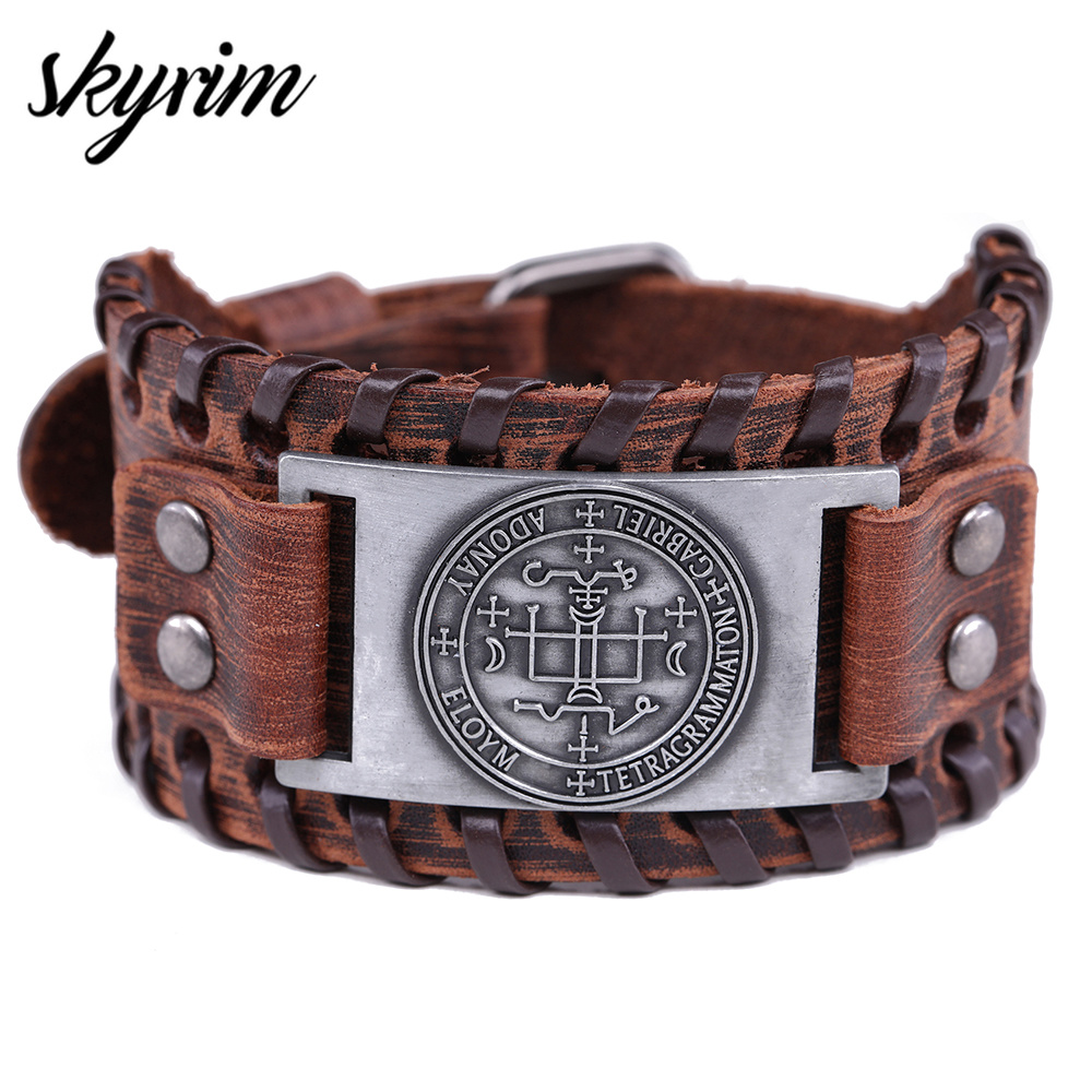 Skyrim Sigil Van Aartsengel Viking Brede Leren Armband Michael Raphael Talisman Vintage Angel Gothic Vermogen Bangles Man Sieraden