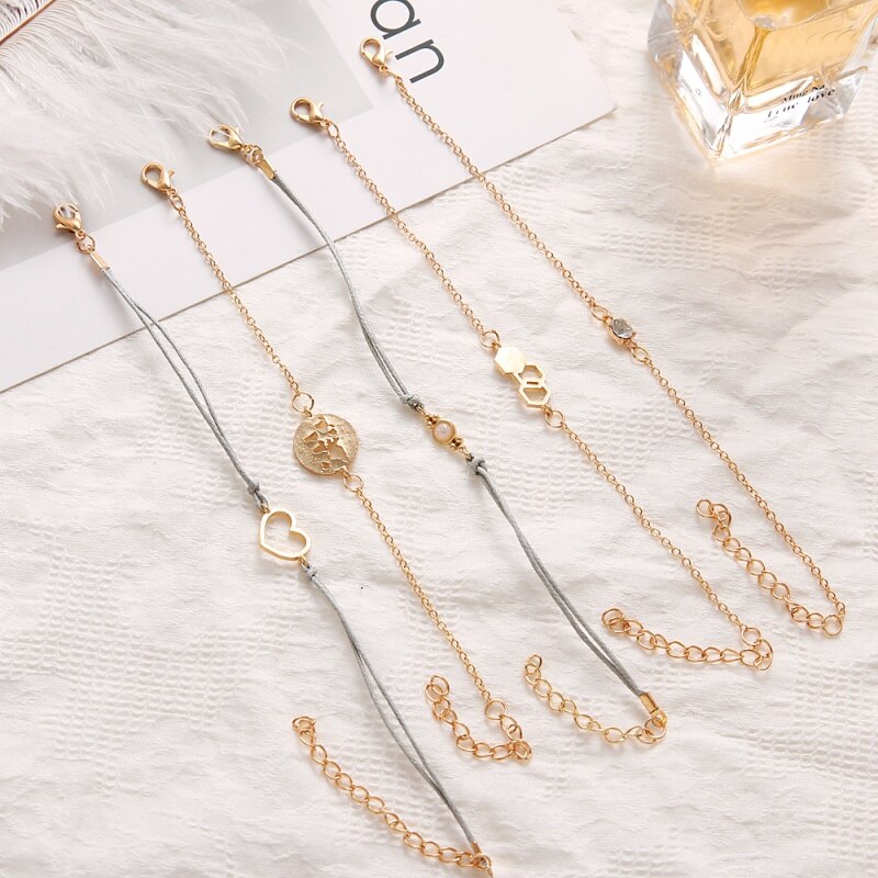 New New Rope Chains Jewelry Gift Trendy Hollowing Geometric Hexagon Opal Love Heart Disc Map Zircon Bracelets Female 5 Pcs/set
