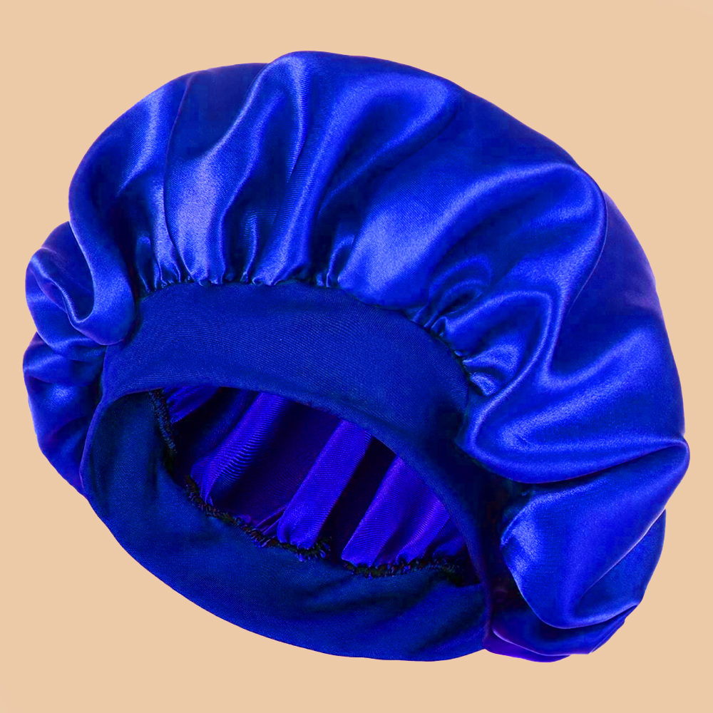 1 Stück einfarbige Duschhaube aus Satin- mit breiter Krempe für Damen, geeignet für Höhle täglichen Gebrauch, Seidenhaube, Satinhaube: Blau