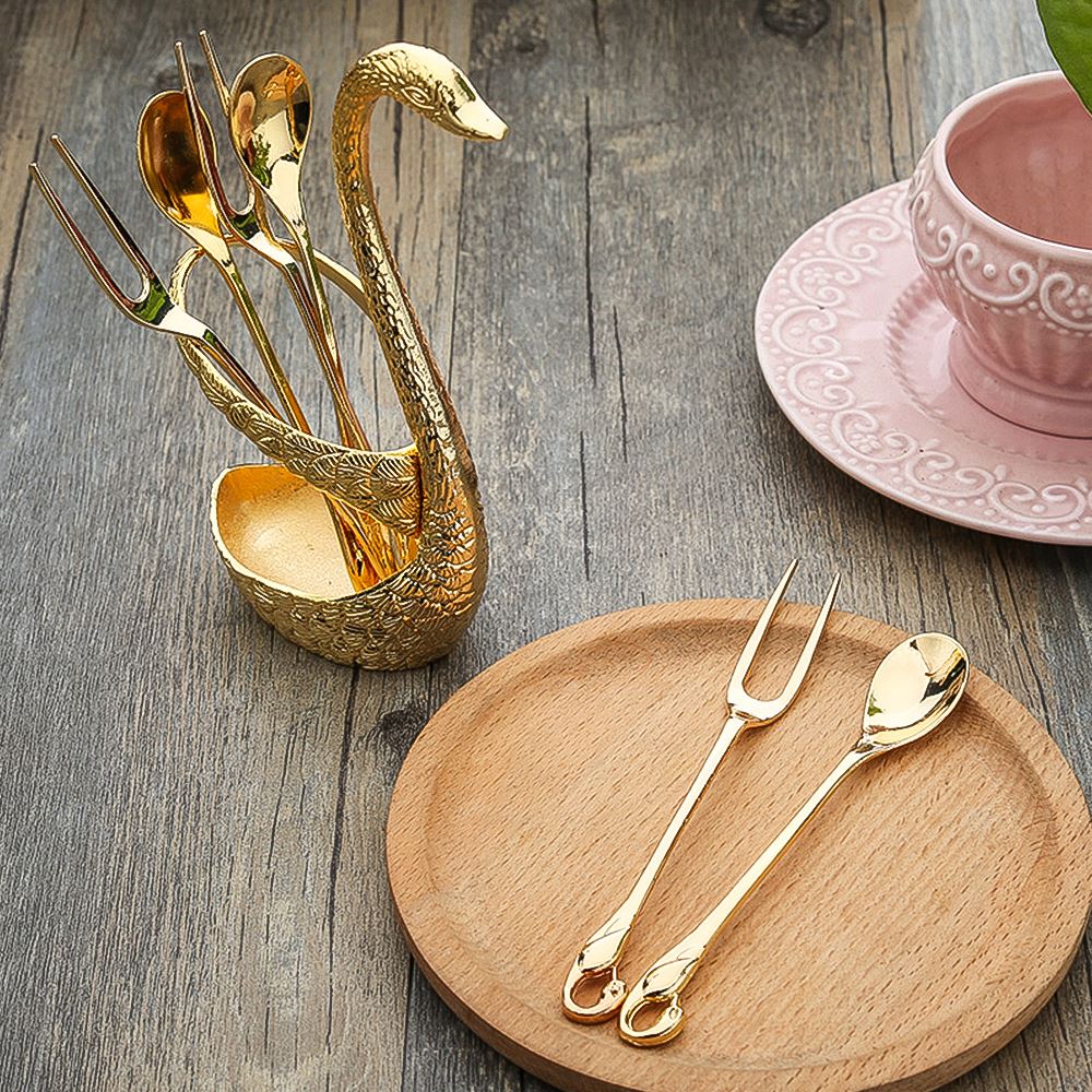 7Pcs Swan Fruit Base Holder Forks Set Stainless Steel Salad Dessert Forks Coffee Spoon Cake Tableware Zero Waste Talher Flatware