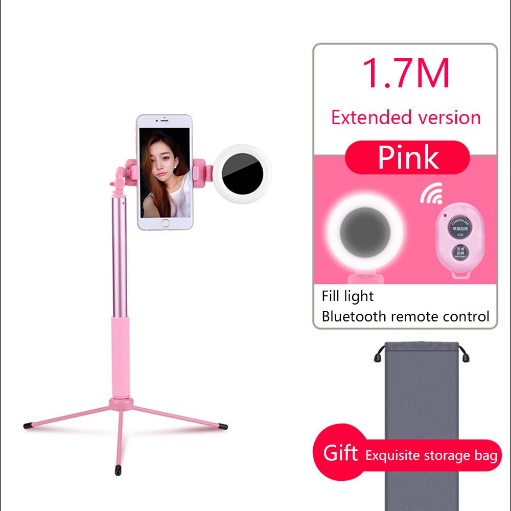 Spash 170cm Selfie bâton rotatif multifonction trépied remplir lumière Bluetooth télécommande Selfiestick pour Smartphone iPhone: Rose