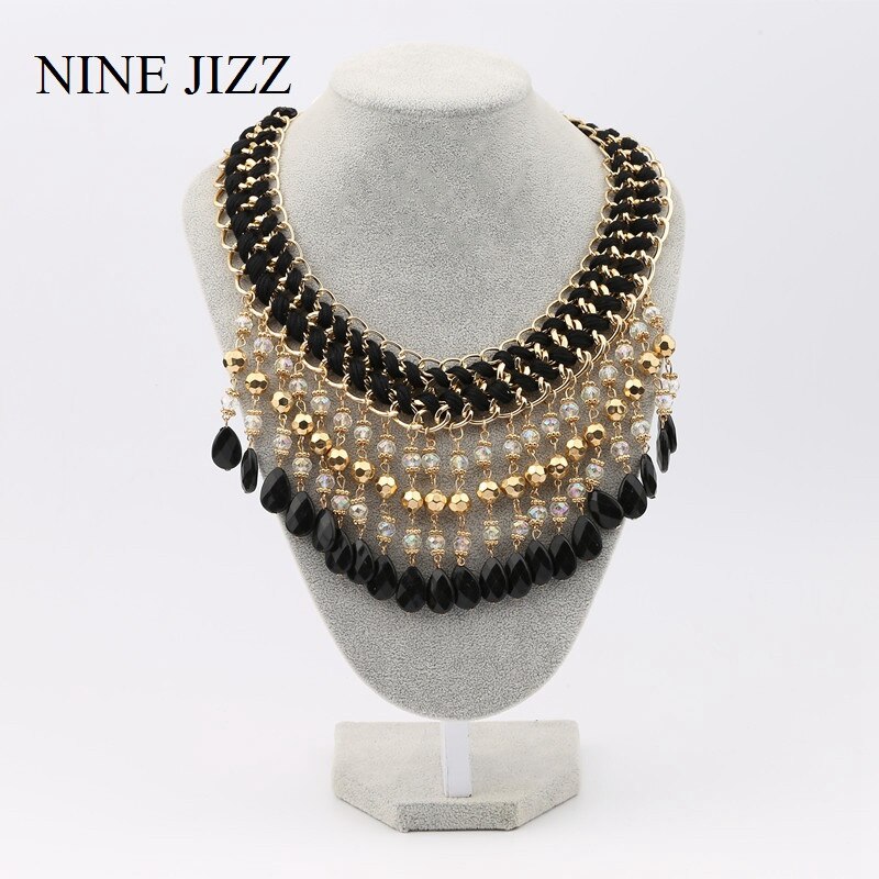 NINEJIZZ Tassel Crystal Necklaces Vintage Bohemian Big Statement Beads Necklaces Chain For Women Simple Style Wedding Jewelry