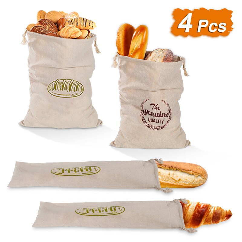 Bolsas de lino orgánico para almacenamiento de pan, bolsas reutilizables de comestibles para frutas, ecológicas, lavables, para almacenamiento de alimentos: 4pcs