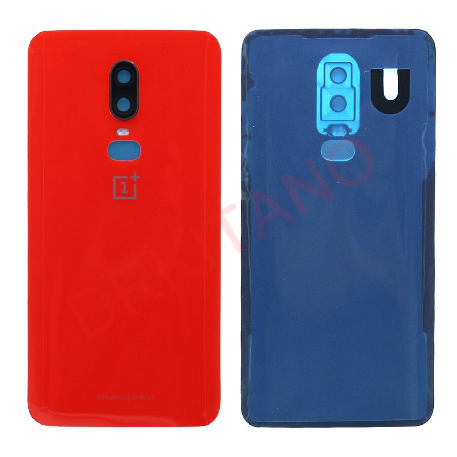 Cubierta de vidrio trasero para Oneplus 6 6T, cubierta de batería One Plus 6T, carcasa de puerta trasera, Panel de vidrio trasero Oneplus 6, cubierta de vidrio trasero + lente de cámara: 6-Red With Lens