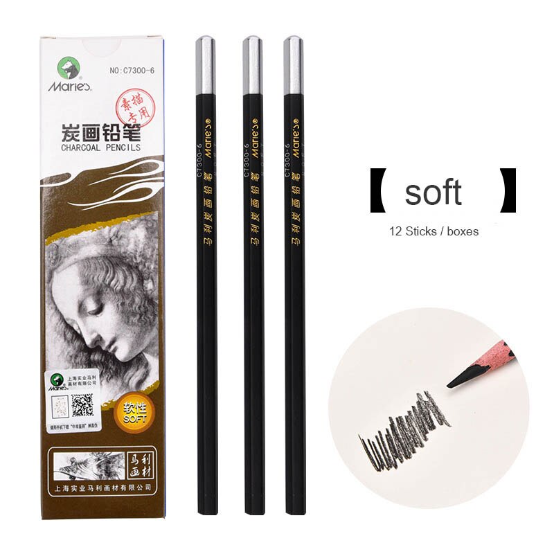 Maries 12 stks/doos Lood Zachte/Neutraal/Hard Houtskool Zwart Sketch Art Tekening Potlood Nontoxic Potlood Kunst Levert: Soft charcoal