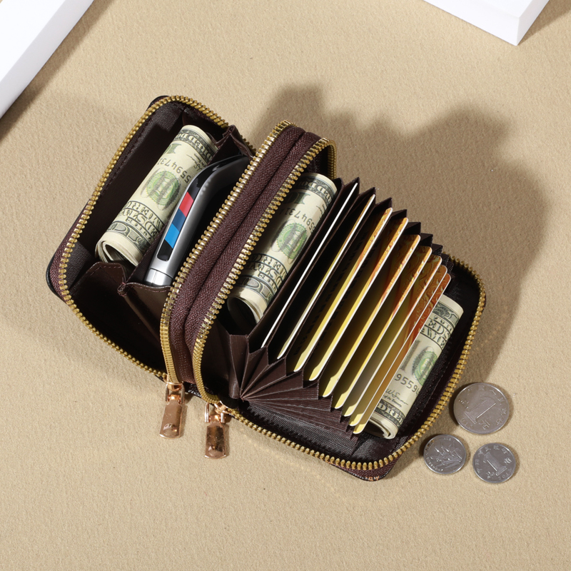 Mini portefeuille en similicuir avec double fermeture éclair, pochette classique compacte, fentes pour cartes multiples, poche coordonnante, protection RFID, chic