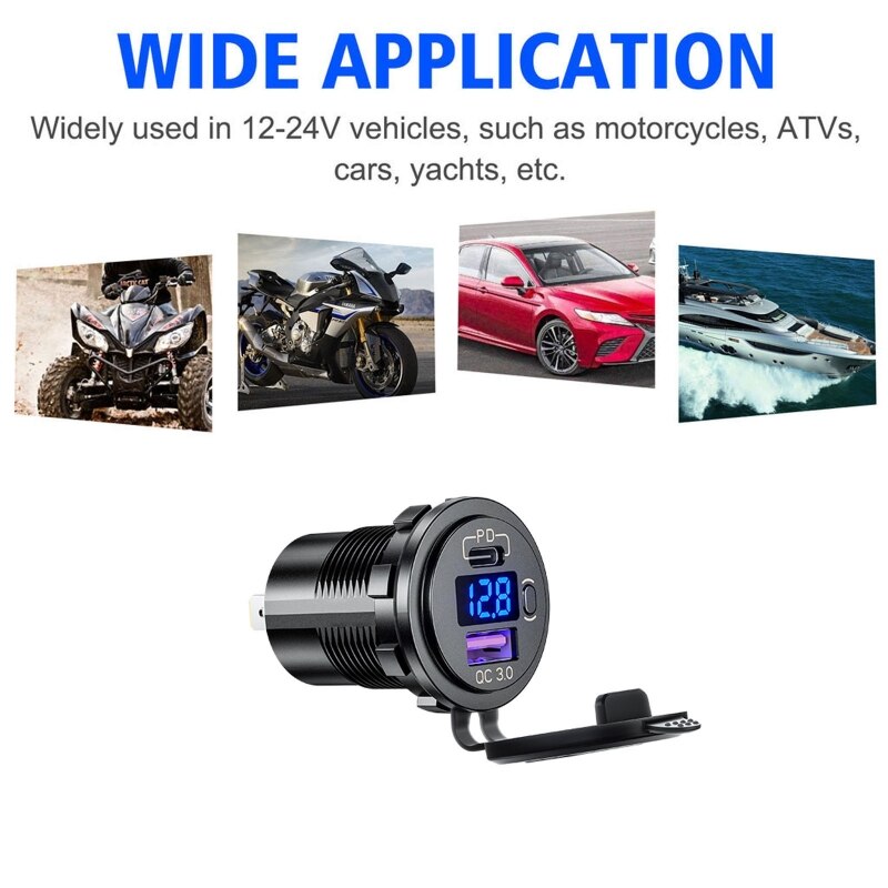 Waterdicht Type C Pd QC3.0 Usb 12V Auto Snelle Auto-oplader Met Led Voltmeter Op Uit Schakelaar Kabel Voor truck Motorfietsen Mari