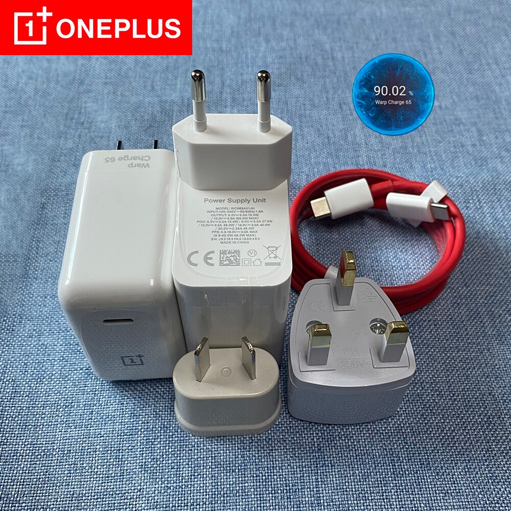 Original oneplus warp charge 65w schnellladegerät mit eu-, au-, us- und uk-stecker, usb-c-auf-usb-c-kabel für oneplus 9 pro , 9r , 8t nord 2 5g und ipad