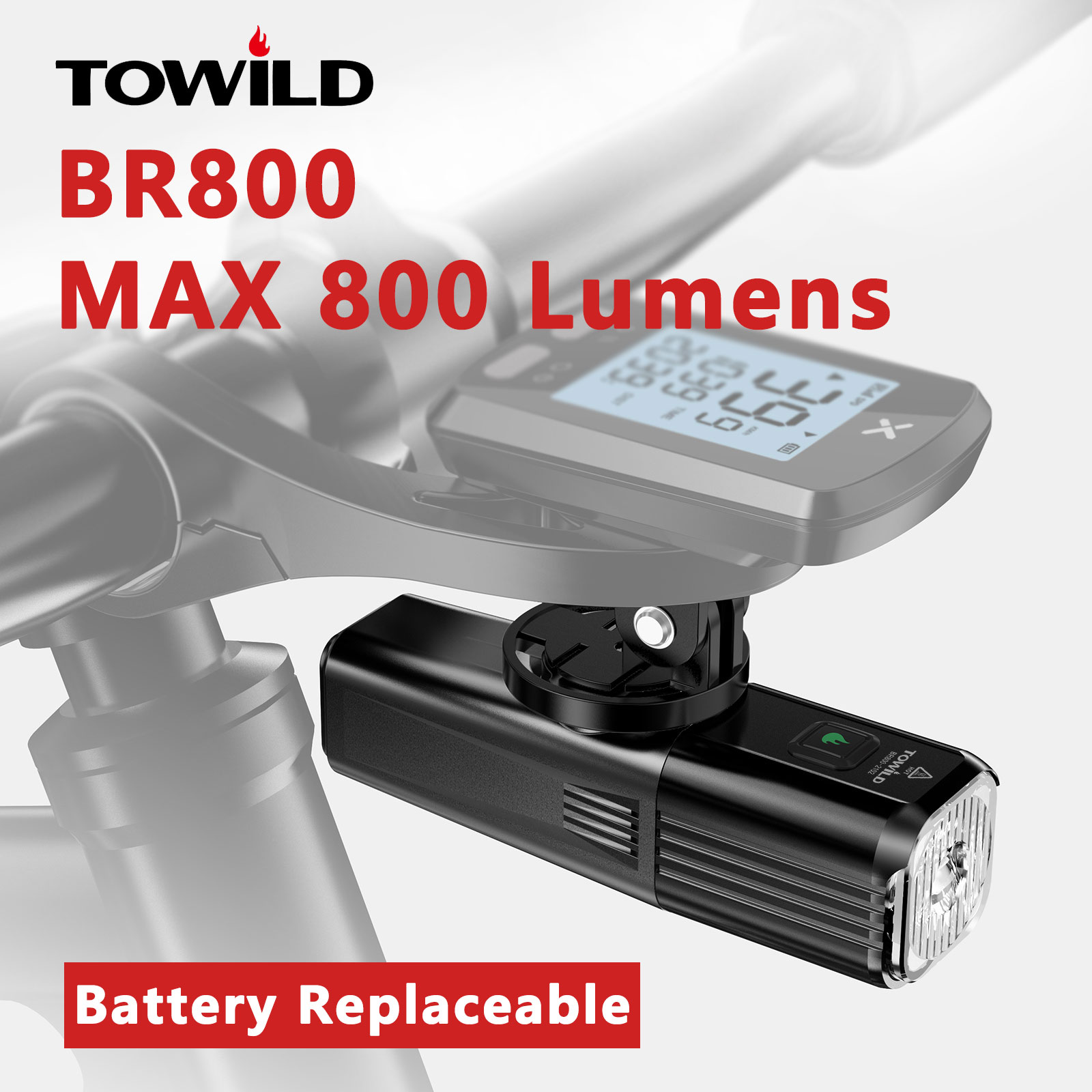 TOWILD BR800 Fahrradlicht mit Rücklicht, USB wiederaufladbar, LED, MTB, Frontlampe, Scheinwerfer, Aluminium, Taschenlampe, Fahrradlicht