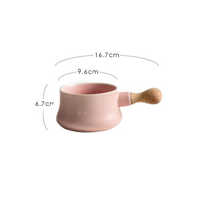 Tazón de cerámica con mango de madera para leche, plato de porcelana rosa y gris, bandeja creativa, juego de vajilla para postres y desayuno: pink bowl
