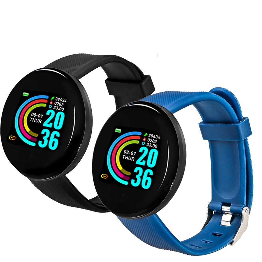 2 PCS D18 Heart Rate Smart Bracelet Man Activity Tracker Smartwatch Sports Tracker Smart Band Wristwatch for Android IOS: Black and Blue