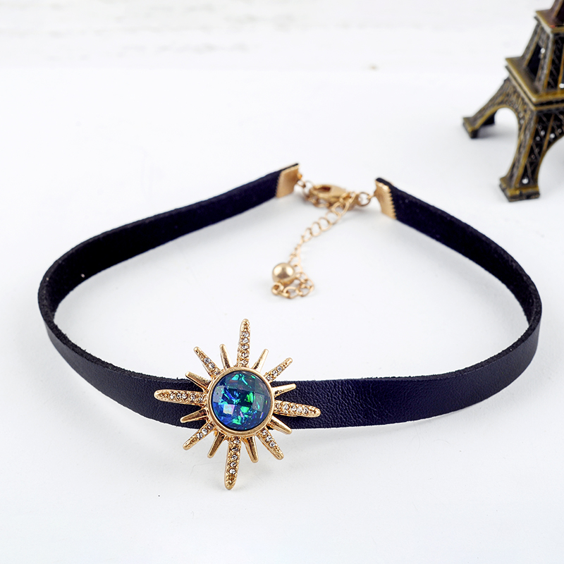 Unique Resin Crystal Star Flower Punk Black Imitation Leather Choker Necklaces For Women Jewelry