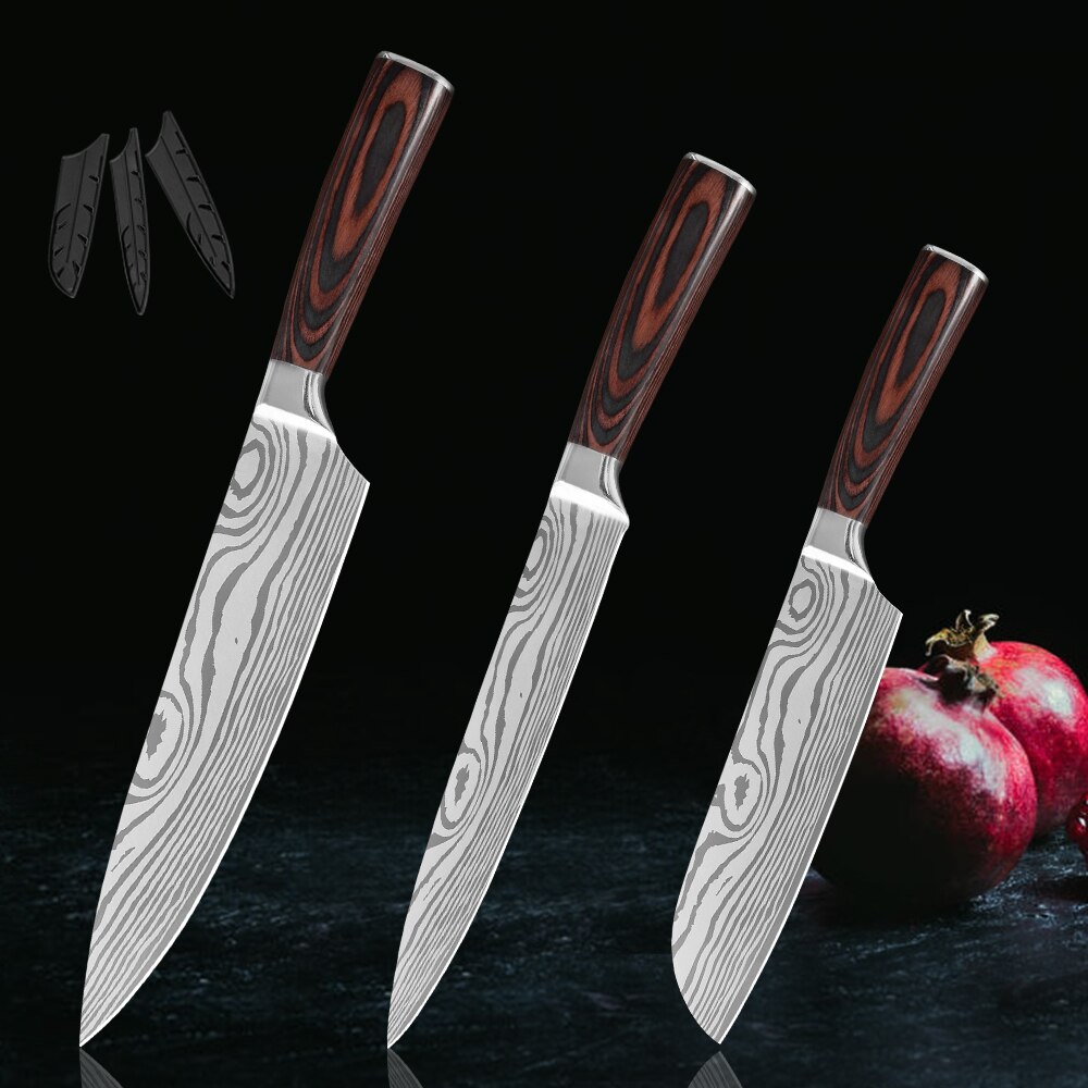 Muz rostfritt stål kökskniv set skärverktyg santoku hackare urbening skiva bröd kock japanska köksknivar bestick: 3 st