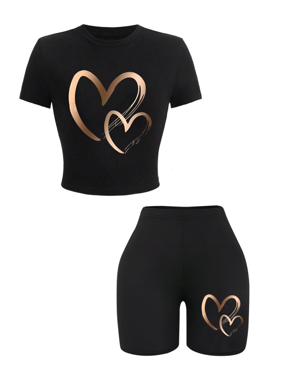 Sommer-Damen-schlank-passen-T-Hemden und kurze Hose, 2-teiliges einstellen, einfache Herzenmuster, Drucke, bauchfreie Spitzen, modische, hochelastische, weiche Kleidung