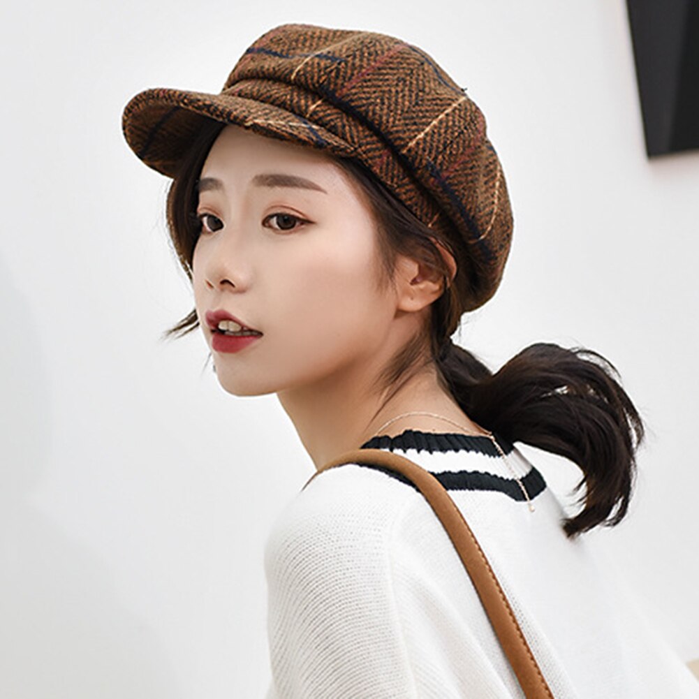 Høst vinter kvinner rutete bomull flat cap topphatt casual beret cap