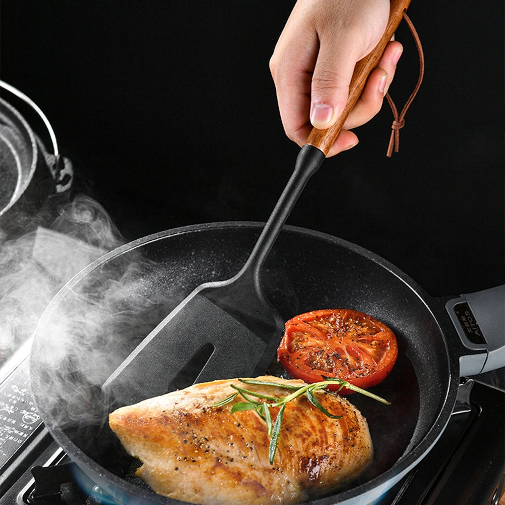 Juego de utensilios de cocina de silicona con mango de madera, espátula antiadherente, colador, cuchara para sopa, pala para freír, utensilios de cocina, 1/7 Uds.