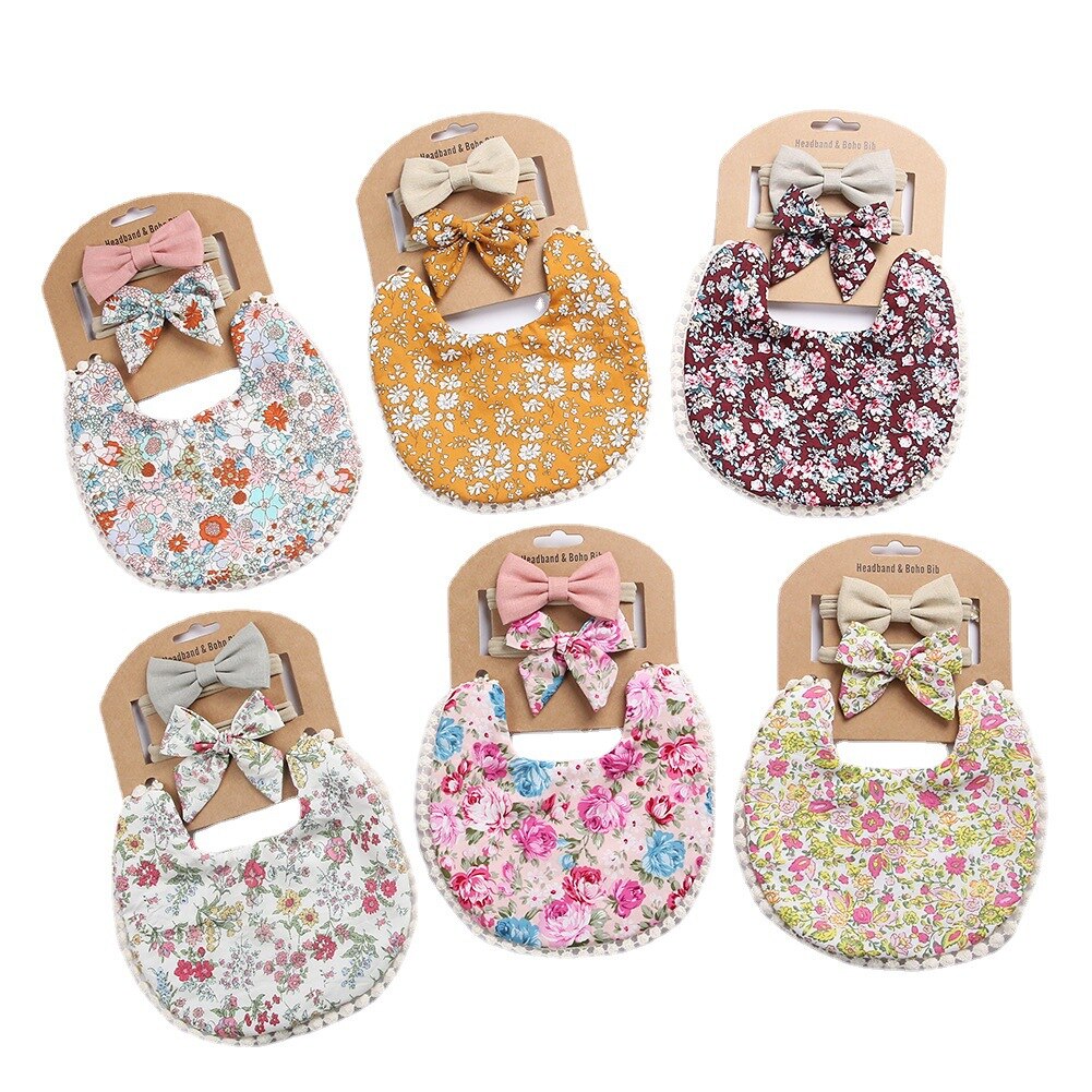 Baby Slabbetjes + Baby Hoofdbanden Set Katoen Bloemenprint Kant Burp Doeken Voor Baby Baby Spullen Pasgeborenen Baby Accessoires