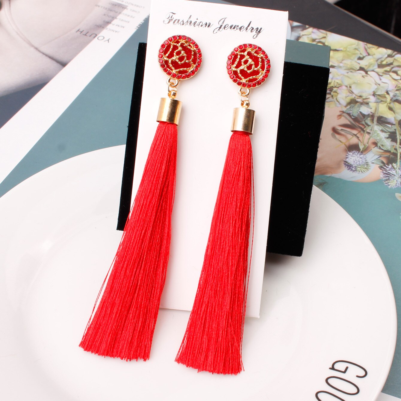 Boucles d'oreilles en fleur de rose pour femmes, style à la , longue et exagérée