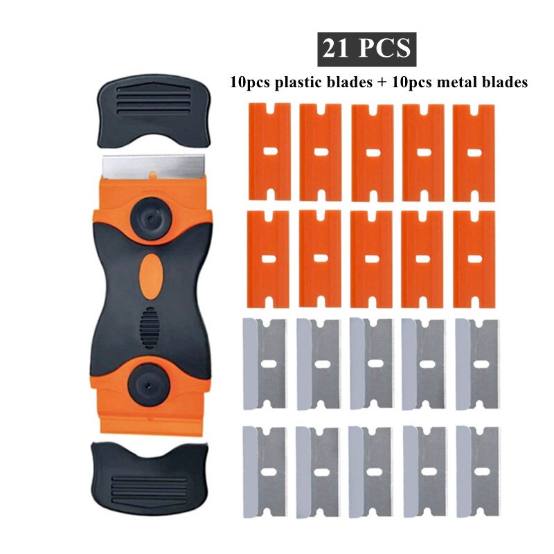 Double-Sided Scraper W/ 20pcs Razor Blade Auto Film Sticker Glue Ice Remover Razor Gap Glass Kitchen Car Cleaner Squeegee Knife: 21PCS Set