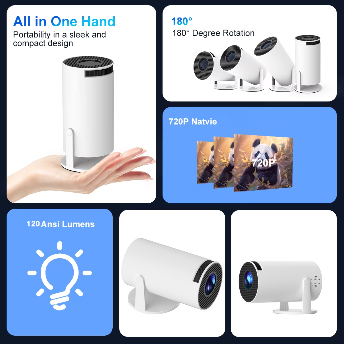 Projector For Android 12 Wifi 120ANSI lumens BT5.2 720P 1280*620P Home Cinema Outdoor Small-scale Projetor 180° Degree Rotation