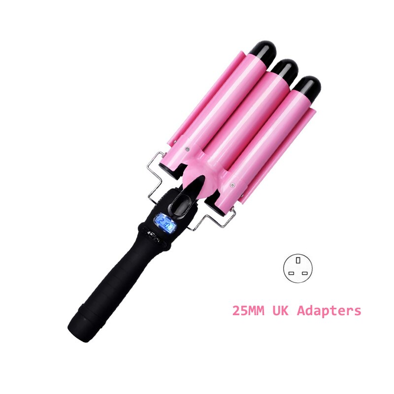 Fer à friser les cheveux Triple barils LCD affichage Tourmaline céramique bigoudi onduler bigoudis rouleaux outils de coiffure baguette de Styler: 25MM UK
