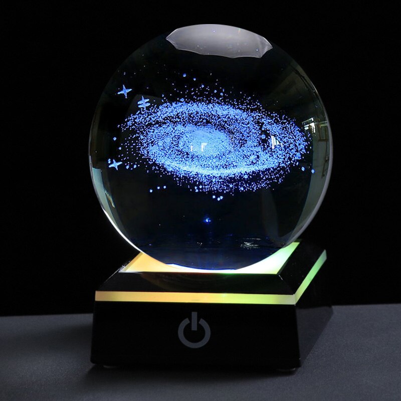 3D Moon Model Crystal Ball Astronomy Sphere Decorative Ball Planets Glass Ball Sphere Decorative Miniature Model Ball: 8cm / G With Led Base