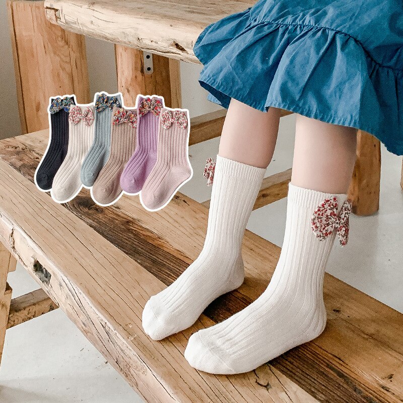 3 Paren/partij 1-8 Jaar Katoen Kinderen Sokken Herfst En Winter Koreaanse Bloemen Bow Meisjes Mid-Buis sokken Peuter Kniekousen