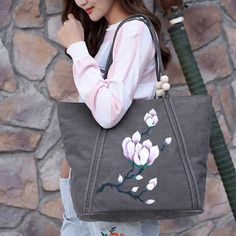 Handmålad väska national canvas axelväska retro dam träpärlor väska blommålning åkpåse bolso mujer