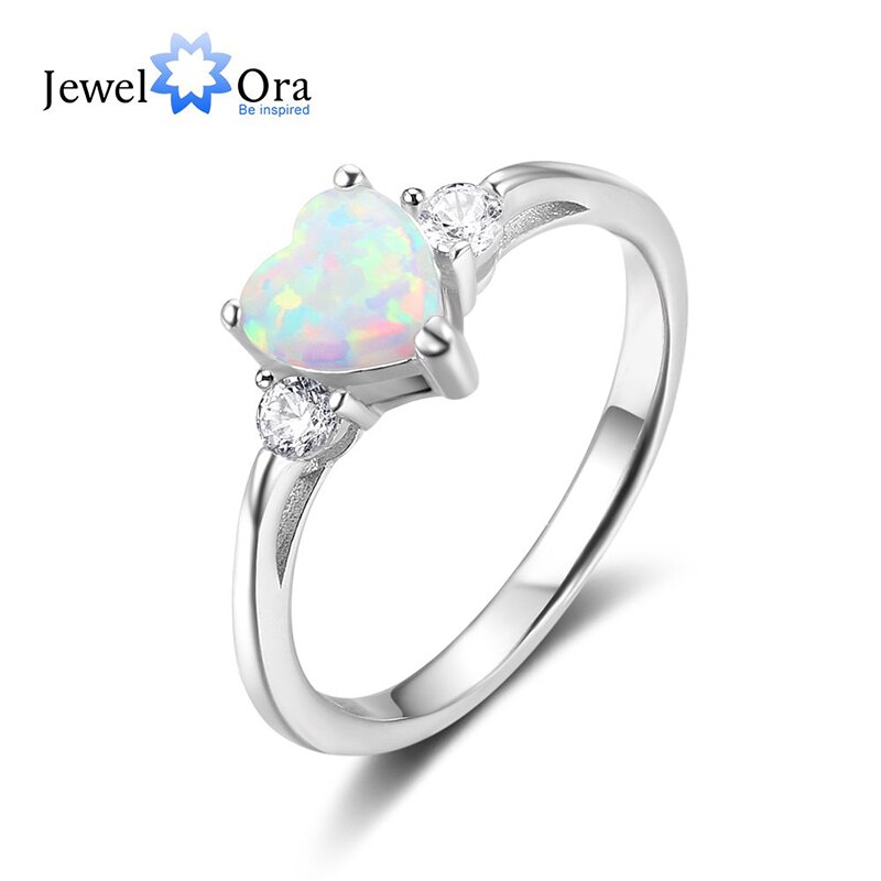 Romantische 925 Sterling Zilveren Hart Ring Gemaakt Roze Blauw Wit Fire Opal & Cz Trouwringen Voor Vrouwen (Jewelora RI103690): 8 / WHITE
