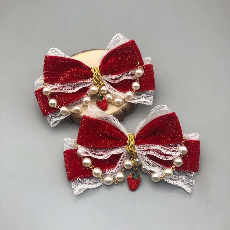 Lolita-Pinza para el pelo para niña, accesorio para el pelo con lazo rojo y Perla, doble cola de caballo, sombreros dulces, accesorios de Cosplay, pasadores de Kawaii para 101A