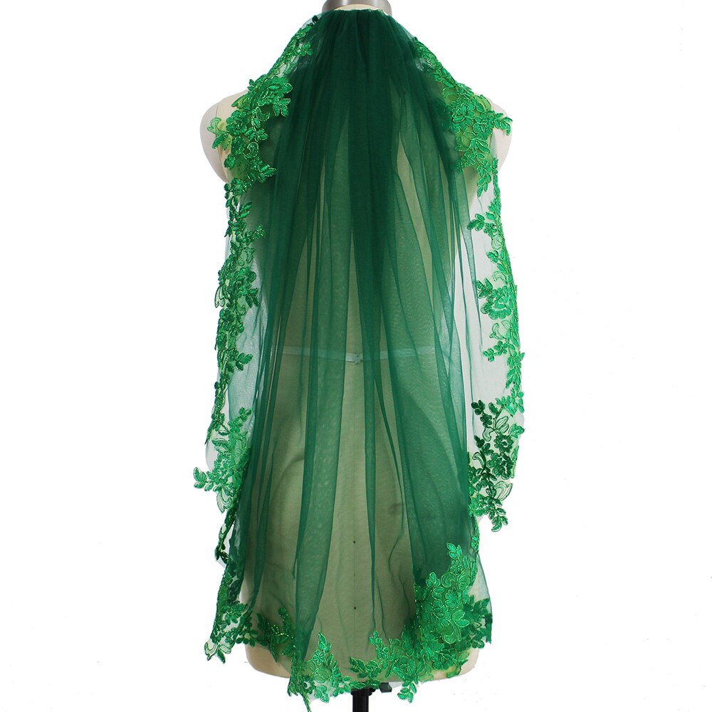 Real Pictures Green Lace Short Wedding Veil Beautiful One Layer Bridal Veil with Comb Muslim Arabic Voile De Mariee