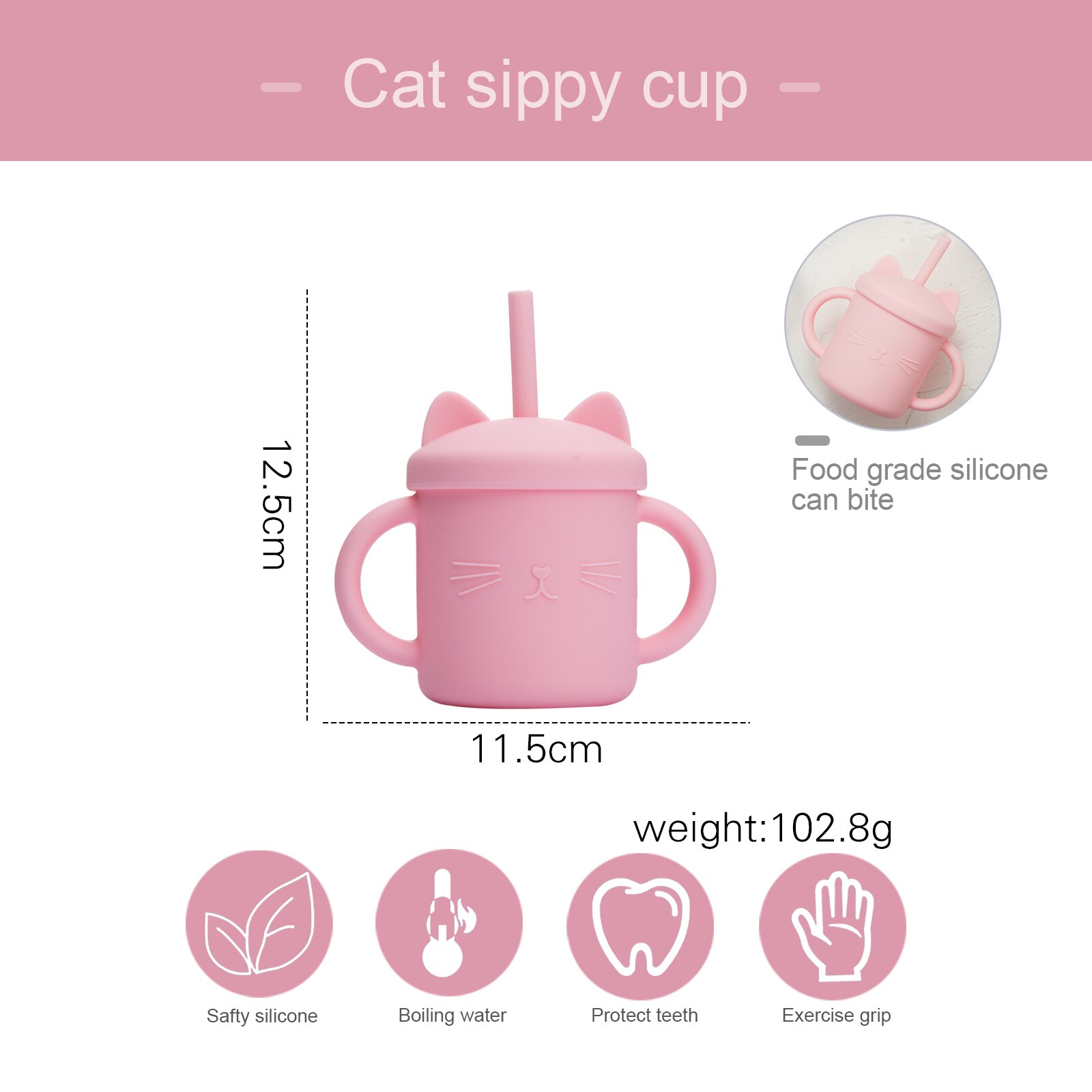 Vasos de silicona para alimentación de bebé, taza con dibujos de gato para niños pequeños, tapas sólidas con asa para beber