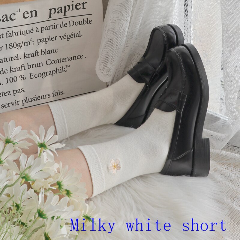 Embroidered Black White Lolita Women's Stocking Short Japanese JK Student Cotton Cherry Blossom Cute Harajuku Girl Cosplay Socks: lw1983-milky short