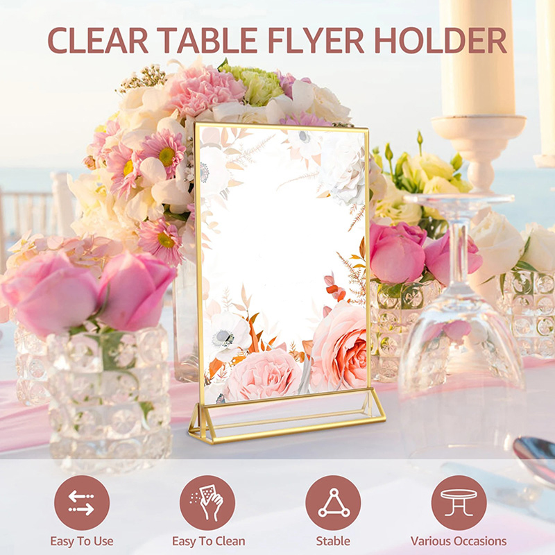 Transparenter Acryl-Beschilderungsständer, vielseitig einsetzbar, doppelseitig, goldener Rahmen, Hochzeit, Nummernschild, Tischflyer, Menü, Kartenständer