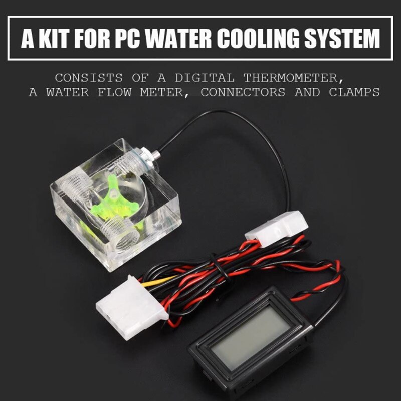 Pc 3 Way Flow Meter Digital Thermometer, Computer Water Cooling System Kit with Two Connectors andwith Pagoda Clip